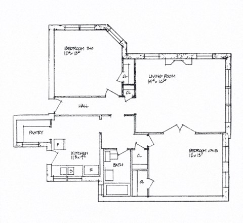 Floor plan for 2 beds, 1 bath, 895 sqft